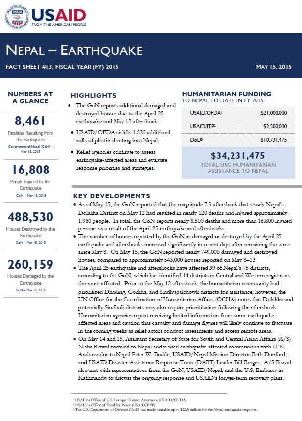 Nepal Earthquake Fact Sheet #13 - 05-15-2015