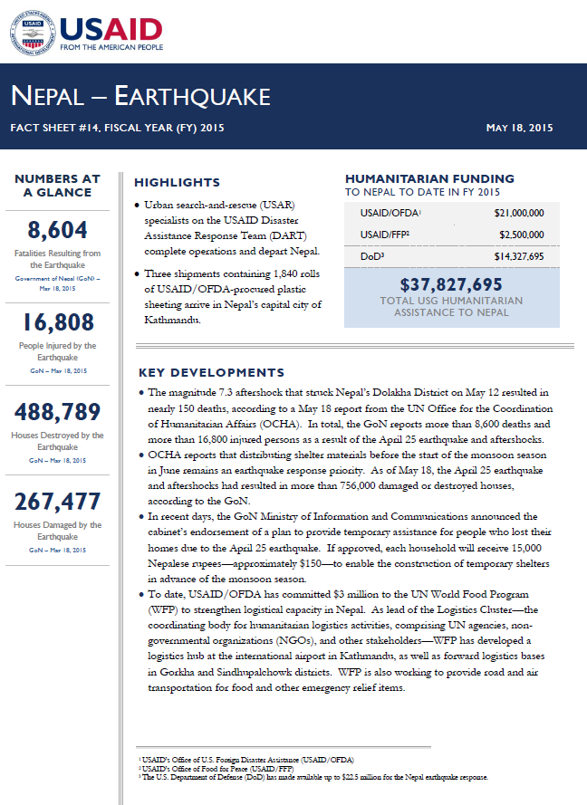 Nepal Earthquake Fact Sheet #14 - 05-18-2015