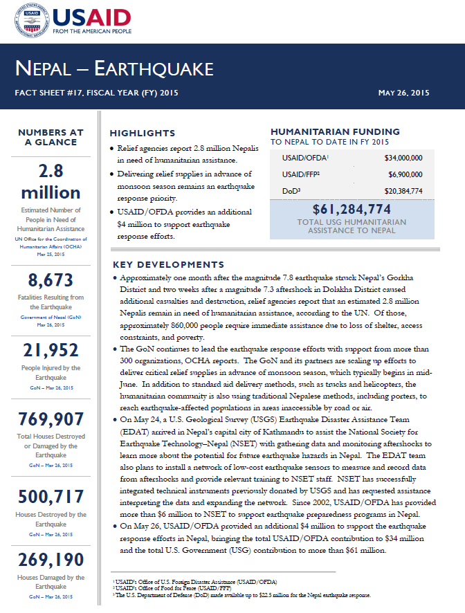 Nepal Earthquake Fact Sheet #17 - 05-26-2015