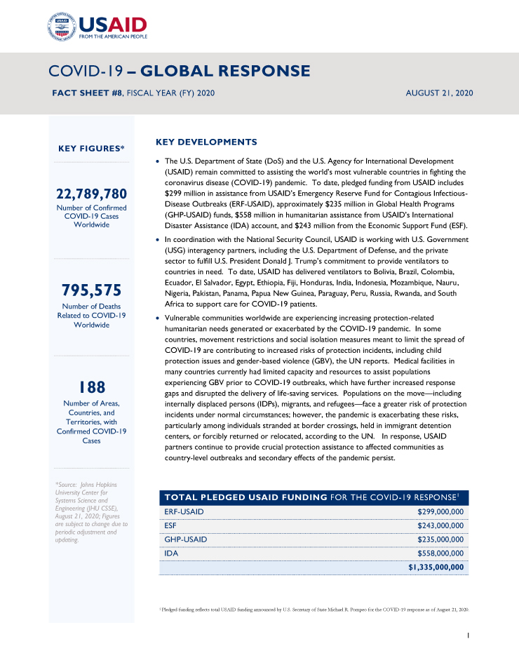 COVID-19 Global Response Fact Sheet #8 - August 21, 2020