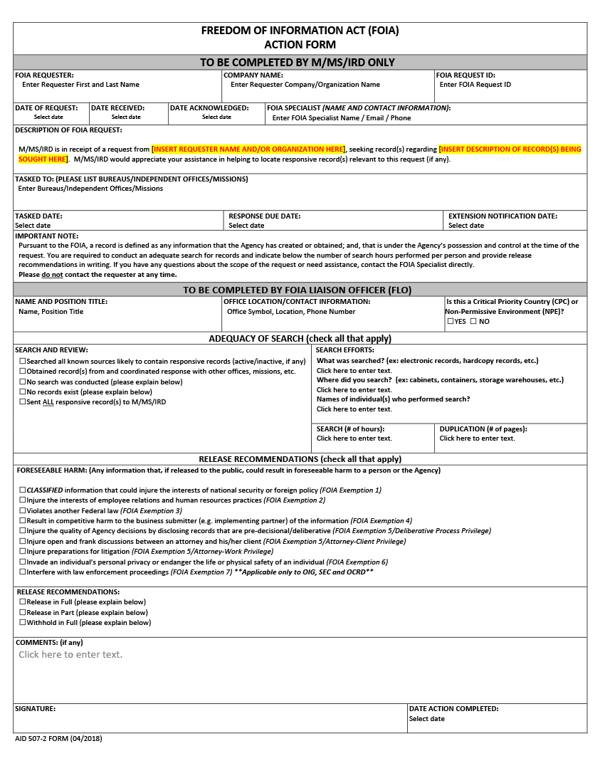 AID 507-2 (Freedom of Information Act (FOIA) Action Form)