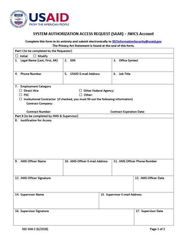 AID 568-2 (System Authorization Access Request (SAAR) - JWICS Account) - Updated 06/2018