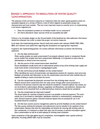 WQAP Annex 3: Approach to Resolution of Water Quality Contamination