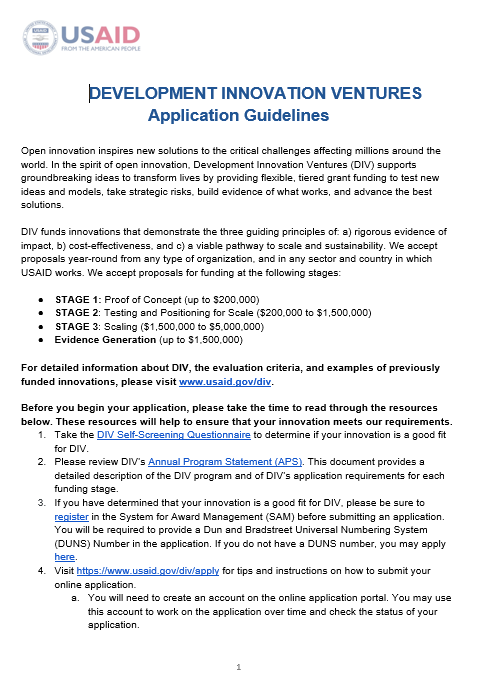 Development Innovation Ventures (DIV) Sample Application