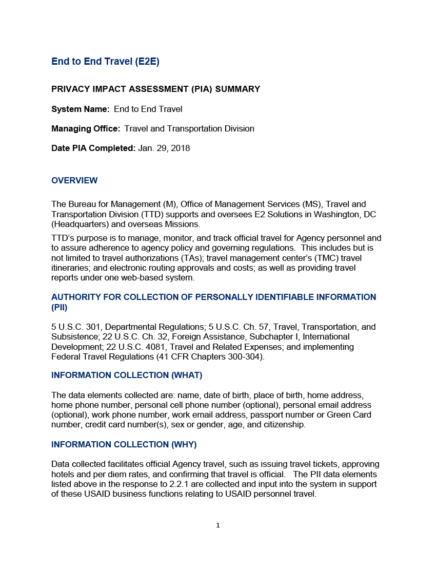 End to End Travel (E2E) Privacy Impact Assessment Summary