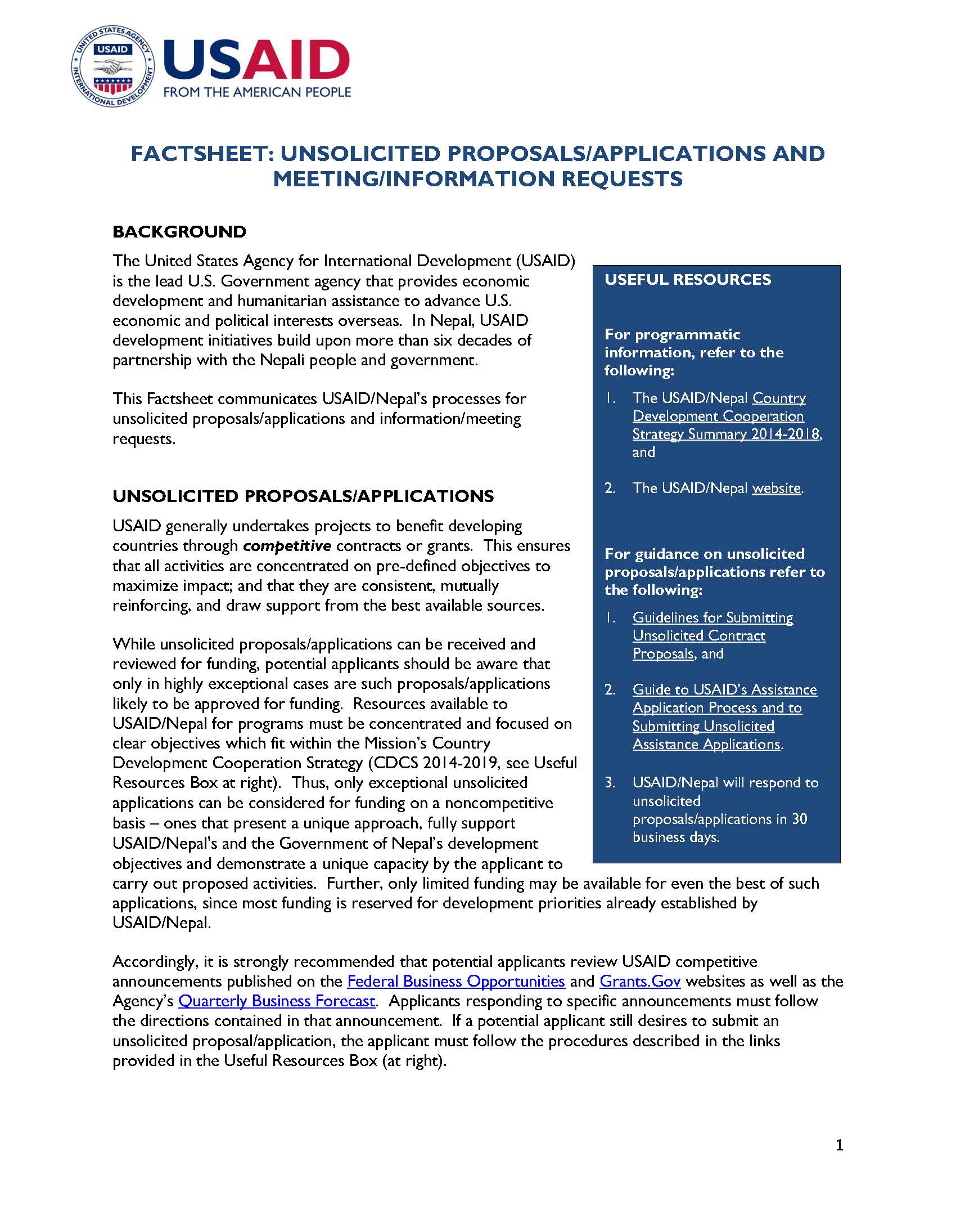 FACTSHEET: UNSOLICITED PROPOSALS/APPLICATIONS AND MEETING/INFORMATION REQUESTS