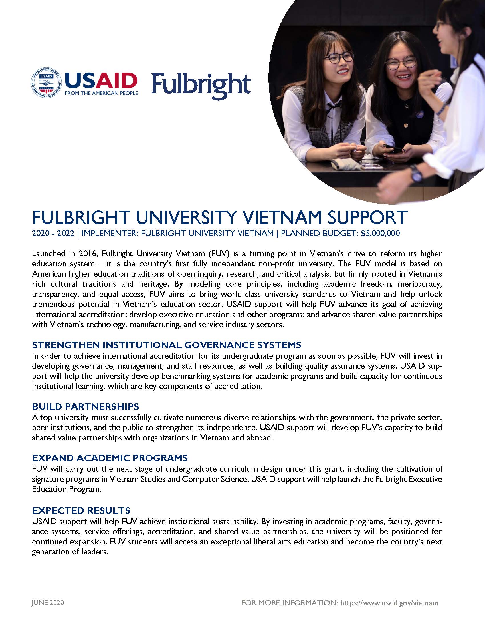 Fact Sheet: Fulbright University Vietnam (FUV) Support