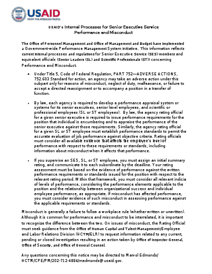 USAID’s Internal Processes for Senior Executive Service Performance and Misconduct