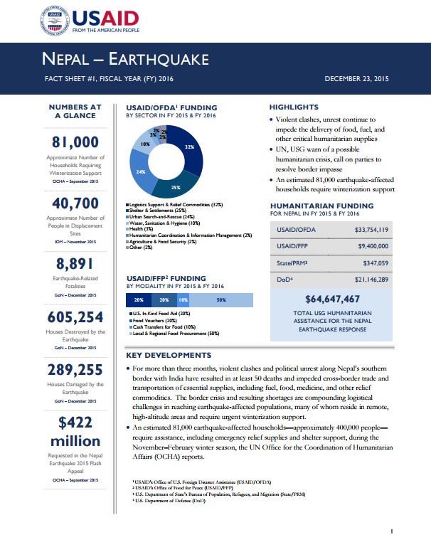 Nepal Earthquake Fact Sheet #1 - 12-23-2015