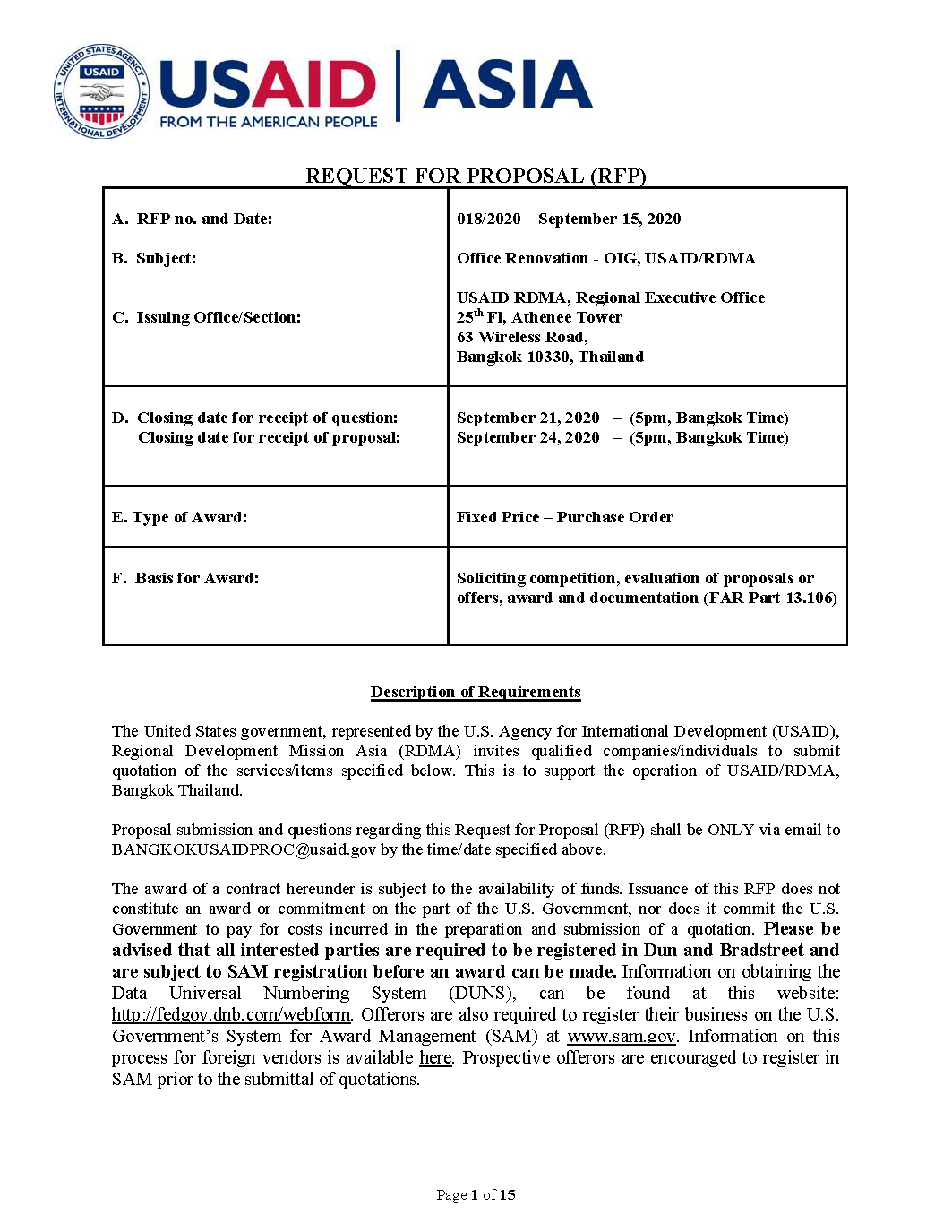 RFP018/2020 Office Renovation - OIG, USAID/RDMA 