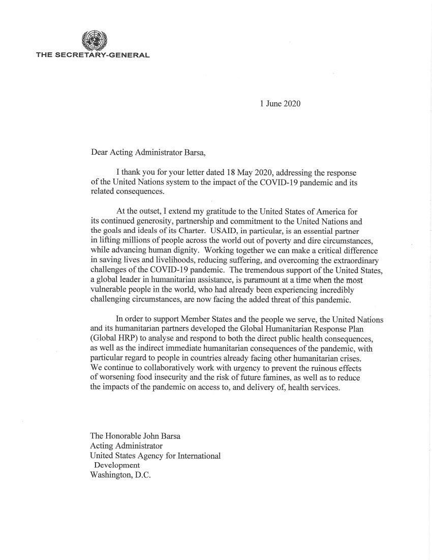 UNSG Response Letter to Acting Administrator Barsa