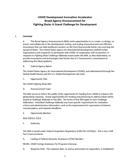 USAID Development Innovation Accelerator Broad Agency Announcement for Fighting Ebola: A Grand Challenge for Development