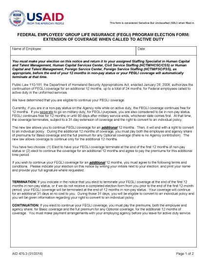 AID 476-3 (Federal Employees' Group Life Insurance (FEGLI) Program Election Form: Extension of Coverage When Called to Active Du