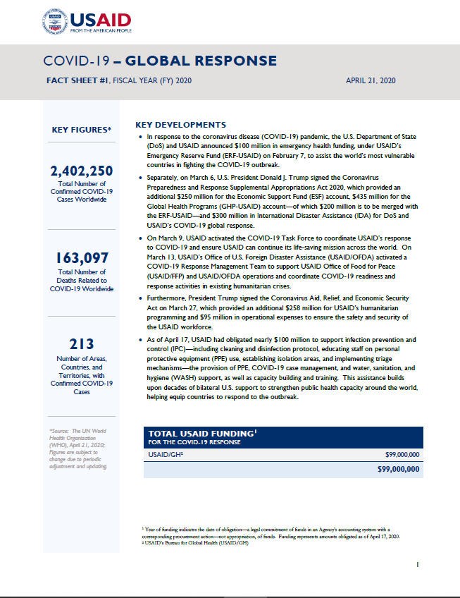 COVID-19 Global Response - Fact Sheet #1 FY20