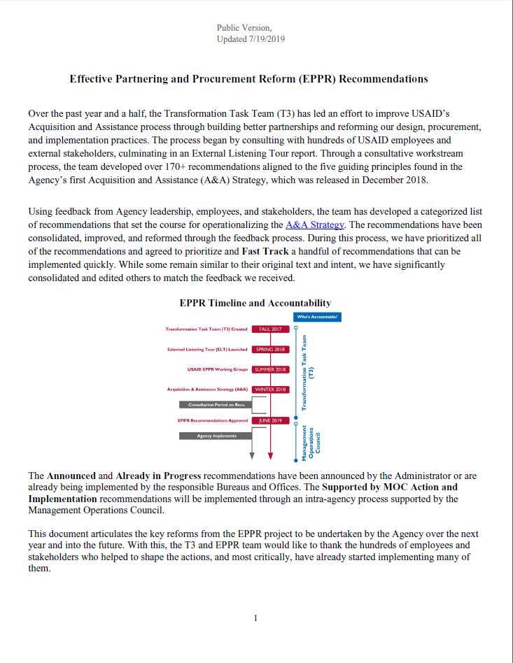 Effective Partnering and Procurement Reform (EPPR) Recommendations