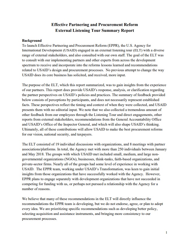 Report: Effective Partnering and Procurement Reform External Listening Tour Summary Report