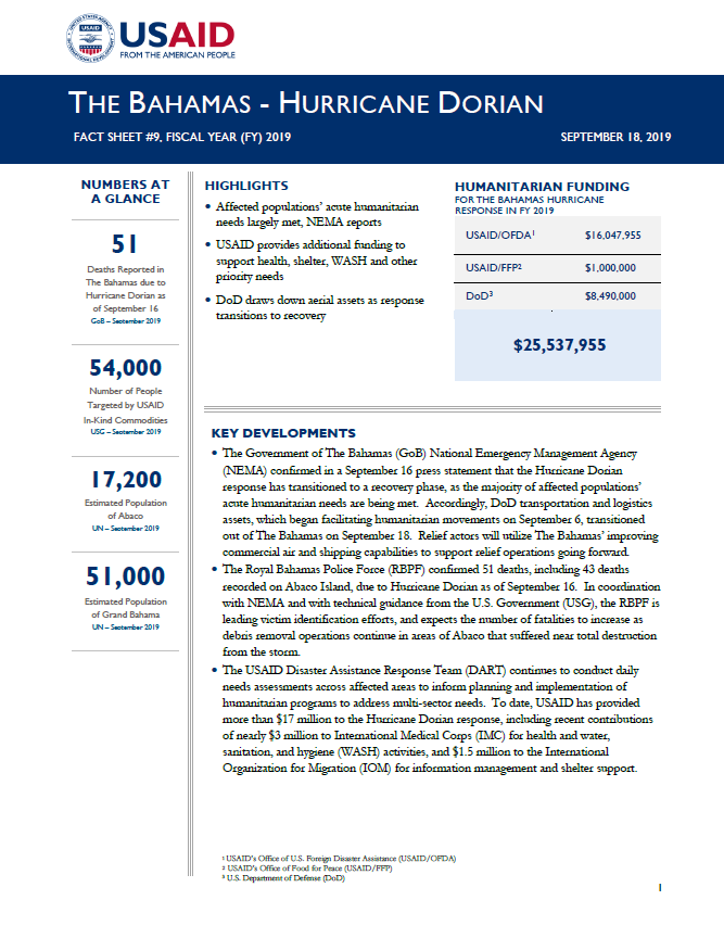 The Bahamas - Hurricane Dorian Fact Sheet #9, (FY) 2019