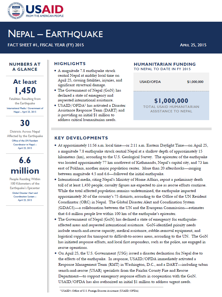 Nepal Earthquake - Fact Sheet #1