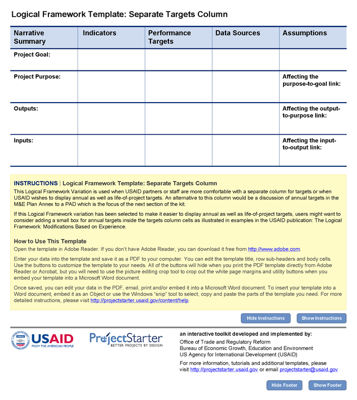 LOGICAL FRAMEWORK TEMPLATE: SEPARATE TARGETS COLUMN