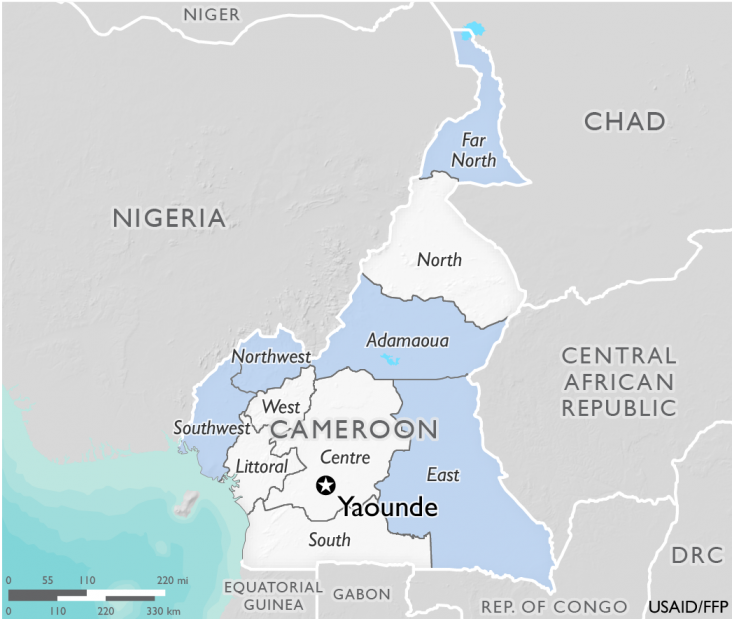 Map of Cameroon showing 10 regions