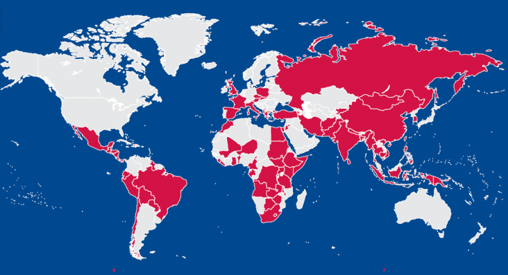 Map showing ASHA awarded countries from 1957-2017. ASHA has worked in more than 80 countries in Latin America, Africa, Europe & Eurasia, Asia & the Middel East.