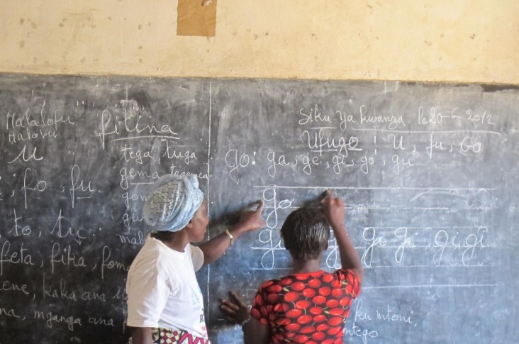 Two individuals write on a chalkboard