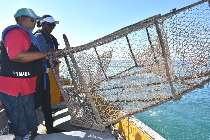 Game warden Venis Bryan, right, and co-captain Cavin Lattibeaudiere remove an illegal fish trap from the fish sanctuary.