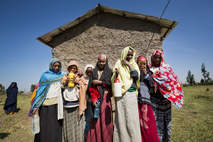 Young women in the Oromiya Region of southern Ethiopia attend school where they are getting ready to learn about hand washing. 