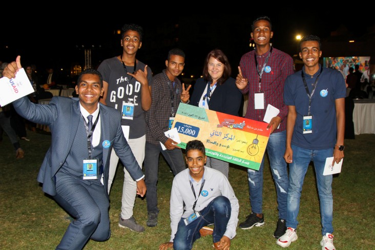 USAID/Egypt Deputy Mission Director Rebecca Latorraca celebrates with award-winning vocational school students at the Fanni Mobtaker competition.