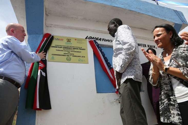 Global Water Coordinator James Peters and Turkana Governor Josphat Nanok officially commission the Lorengelup Community Water Project. Looking on is USAID’s Mission Director for Kenya and East Africa Tina Dooley-Jones