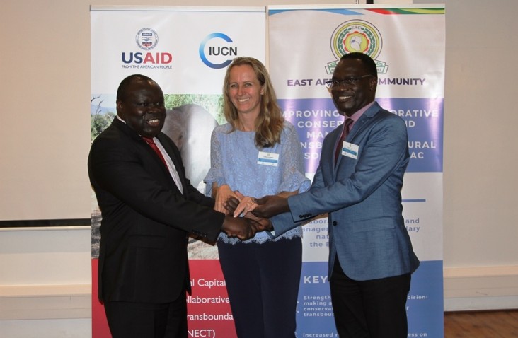 (From left to right) Hon. Christophe Bazivamo, EAC Deputy Secretary General in charge of Productive and Social Sectors, Ms Aurelia Micko Director, Kenya & East Africa Environment Office at USAID and Mr Luther Anukur, IUCN Regional Director for Eastern and Southern Africa officially launch the new USAID supported initiative to protect East Africa’s natural resources.