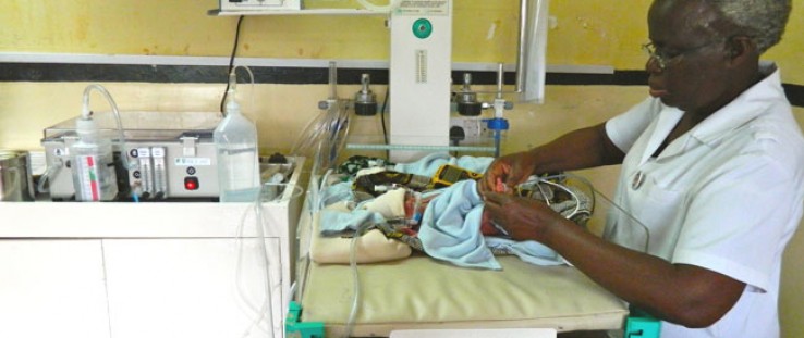 A newborn with respiratory distress at Queen Elizabeth Central Hospital in Blantyre, Malawi, breathes easier with the help of th