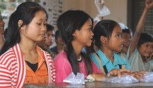 Students prepare to take part in a mapping survey at Pav Primary School in Rattanakiri.