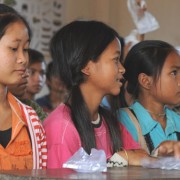 Students prepare to take part in a mapping survey at Pav Primary School in Rattanakiri.