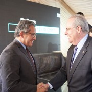 U.S. Embassy Charge d'Affaires Thomas Goldberger greets Minister of Antiquities Dr. Khaled El Anany at the inauguration of the groundwater lowering system at the Catacombs with USAID Deputy Mission Director Rebecca Latorraca. 