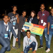 USAID/Egypt Deputy Mission Director Rebecca Latorraca celebrates with award-winning vocational school students at the Fanni Mobtaker competition.