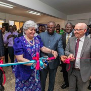 Ambassador Sullivan cutting the tape to open the Pathology Lab of the new cancer center at the HopeXchange Medical Center in Kumasi 