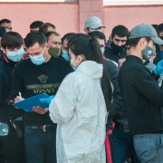 Tajik migrants stranded at the Kazakh border in Zhibek Zholi.