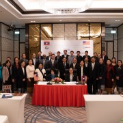 U.S. Ambassador to Laos Rena Bitter (center left) and Mrs. Khemmani Pholsena (center right), Minister of Industry and Commerce joined officials and representatives from the private sector to launch the USAID-funded Laos Business Environment Project.