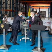 Colombian President and U.S. Ambassador Phil S. Goldberg at ventilator donation ceremony