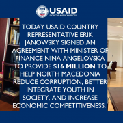 USAID Coungtry Representative Erik Janowsky and Minister of Finance Nina Angelovska sign the DOAG Agreement 