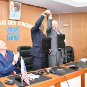 The signing ceremony - U.S. Ambassador to Niger, Eric P. Whitaker, Alex Deprez, from the U.S. Agency for International Development (USAID)/West Africa and the Executive Secretary of CILSS