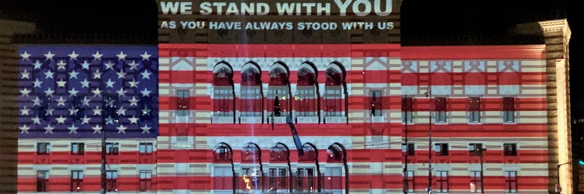 Sarajevo City Hall Lit Up in Colors of U.S. Flag Colors as Symbol of Support during COVID-19 Pandemic 