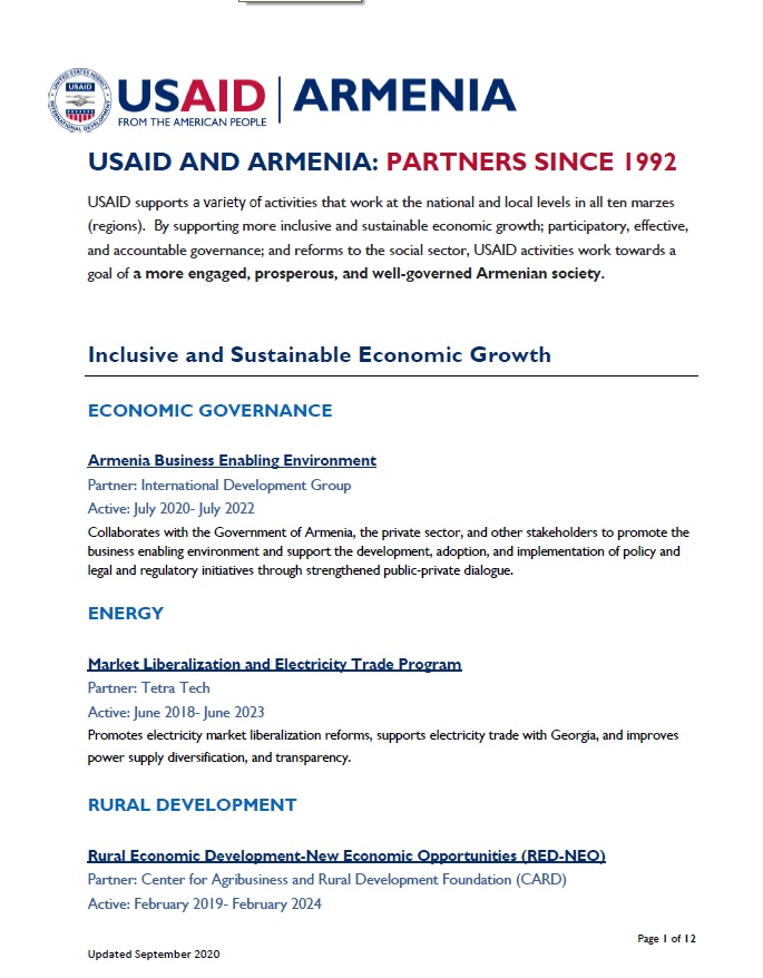 USAID/Armenia Activity List- September 2020